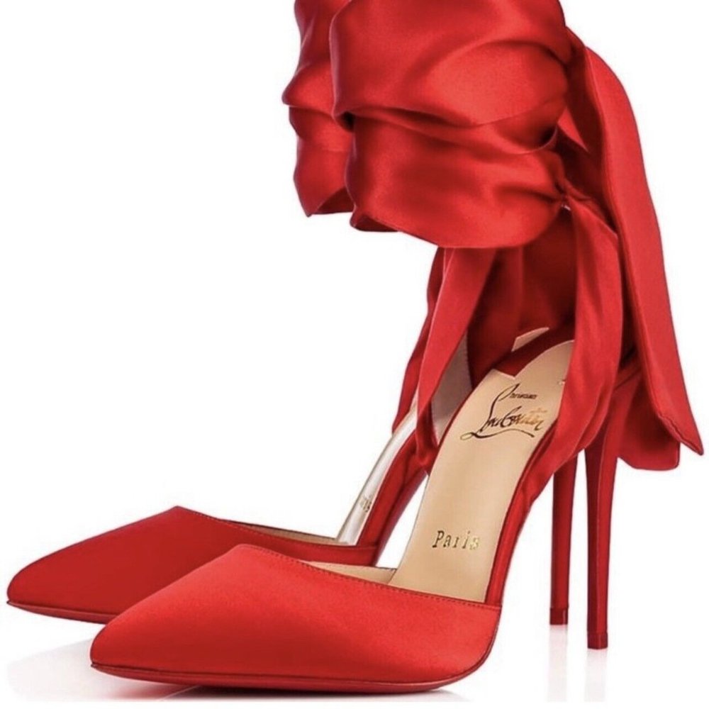 CHRISTIAN LOUBOUTIN DOUCE DU DESERT 100 SATIN RED PUMP 37.5 (US 7.5)